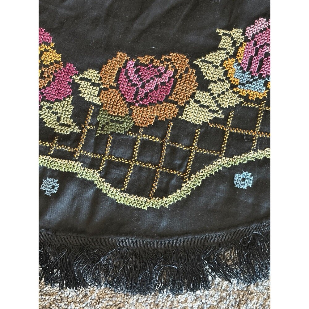 Vtg. Black Satin Multicolor Embroidered Flowers Fringe Tablecloth Round 35” Boho - Picture 12 of 14